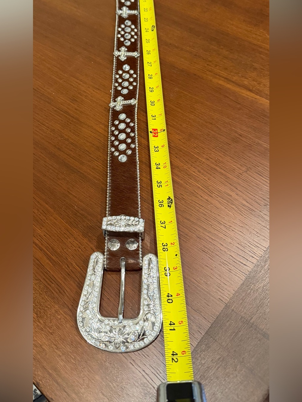 Brown Hair-on-Hide Western Belt with Silver Buckle. 42 inches total length - Picture 2 of 6